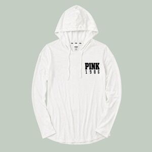 Victoria's Secret PINK White Long Sleeve Hooded T-Shirt Graphic Pullover Medium
